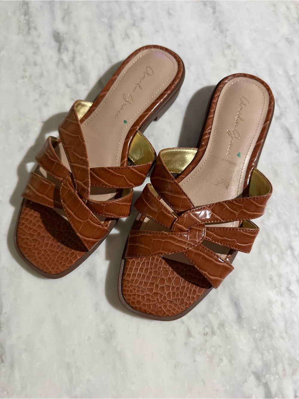 Braided Cognac Neutral Brown Slide Mule Sandals with Croc Texture 6.5
